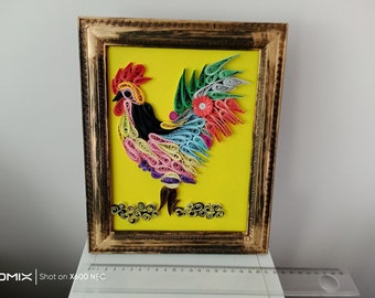 Galo em papel quilling emoldurado, decoração de parede feita à mão