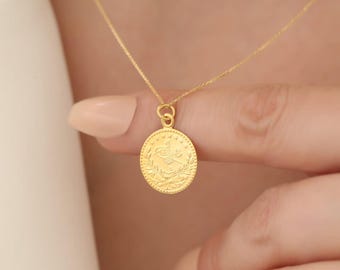 14K Solid Gold Press Monogram Necklace /Ottoman Sign Coin Necklace /Turkish Embosed Coin Necklace /Gold Handmade Jewelry /Christmas Gift