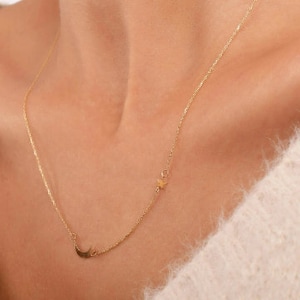 14K Solid Gold Dainty Crescent and Moon Necklace / Minimalist Star Crescent Necklace  / Dainty Necklace /Mothers Day Gift