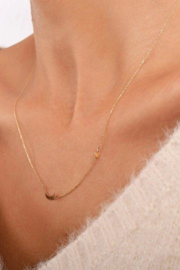 14K Solid Gold Dainty Crescent and Moon Necklace / Minimalist Star Crescent Necklace  / Dainty Necklace /Mothers Day Gift
