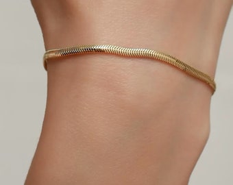 14k Solid Gold Snake Bracelet: Herringbone Chain, Minimalist Jewelry