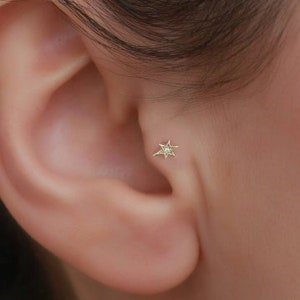 14K Solid Gold Comet Tragus Stud Earring / Star Helix Piercing/ 16g Labret Stud / Flat Back Tragus Earring / Cartilage earrings