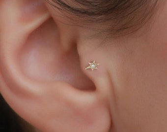 14K Solid Gold Comet Tragus Stud Earring / Star Helix Piercing / 16g Labret Stud / Flat Back Tragus Earring / Kraakbeen oorbellen