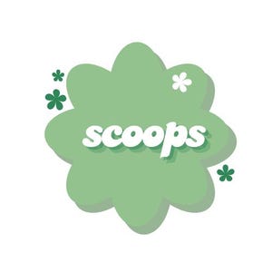 May include: A light green, cloud-shaped graphic with the word "scoops" in white, 3D-style lettering. Small white and green flower graphics are scattered around the cloud shape. The background is white.