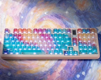 Artisan keycaps Rainbow Nebula Keycaps, Frosted PC Cherry Profile, UV Printed Gradient Glow Set