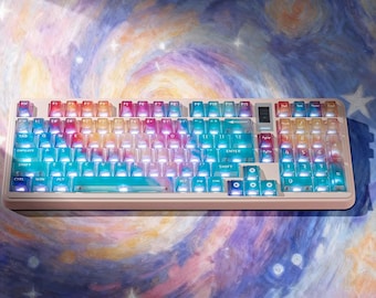 Artisan keycaps Rainbow Nebula Keycaps, Frosted PC Cherry Profile, UV Printed Gradient Glow Set