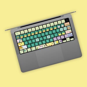 May include: A gray laptop with a keyboard covered in colorful stickers featuring various cartoon characters. The stickers are placed on the keys, with a teal background and white lettering. The laptop is open on a yellow background.