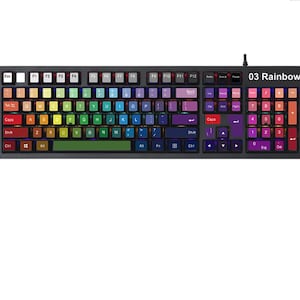 May include: Black computer keyboard with rainbow-colored keys. The keyboard has a standard layout with function keys, a number pad, and the text "03 Rainbow" in white.