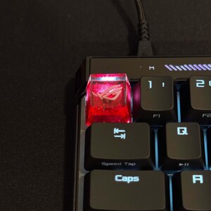 May include: A close-up of a mechanical keyboard with a custom red keycap. The keycap is transparent with a pink logo and sits above the "Speed Tap" and "Caps" keys. The keyboard is black.