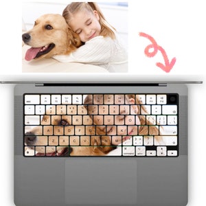 Könnte beinhalten: Eine Laptop-Tastatur mit einem individuellen Design, das ein Nahaufnahmebild eines Mädchens und ihres Hundes zeigt. Die Tasten sind mit dem Bild bedeckt, was einen einzigartigen und personalisierten Look erzeugt.