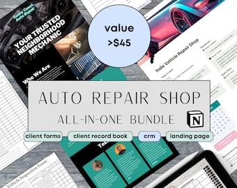 Könnte beinhalten: Ein digitales Marketing-Paket für Autowerkstätten. Das Paket beinhaltet Kundenformulare, ein Kundenbuch, ein CRM und eine Landingpage. Der Text "AUTO REPAIR SHOP ALL-IN-ONE BUNDLE" wird in großen, fetten Buchstaben angezeigt. Der Wert des Pakets beträgt über 45 €.