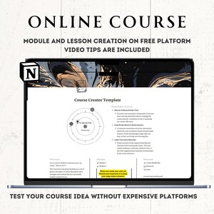 Op de afbeelding: Een laptopscherm met een cursuscreatie sjabloon met een checklist van stappen om een online cursus te maken. Het sjabloon bevat een sectie voor het toewijzen van toegewijde studietijd, het beperken van pauzes tussen studiesessies en het verzamelen van de benodigde materialen. De tekst "TEST JE CURSUSIDEE ZONDER DUURE PLATFORMEN" wordt onderaan het scherm weergegeven.