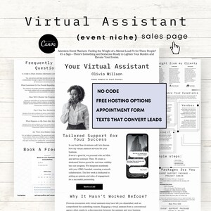 May include: A sales page for a virtual assistant service for event planners. The page features a photo of a woman with a headset, text about the service, and a call to action to book a free consultation. The text on the page includes the phrases "No Code", "Free Hosting Options", "Appointment Form", and "Texts That Convert Leads".