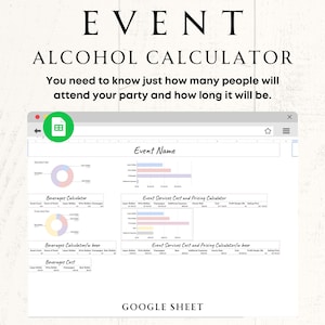 Può includere: Un foglio di calcolo di Google Sheet con il titolo "EVENT ALCOHOL CALCULATOR". Il foglio di calcolo ha diverse schede, tra cui "Nome dell'evento", "Calcolatore delle bevande", "Costo dei servizi dell'evento e calcolatore dei prezzi" e "Costo delle bevande".