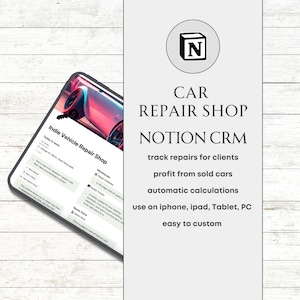 Puede incluir: Una captura de pantalla de una plantilla de CRM de Notion para un taller de reparación de automóviles. La plantilla incluye secciones para "Hoy en el trabajo", "Almacén", "Repuestos" y "Seguimiento de reparaciones". El texto "Indie Vehicle Repair Shop" está en la parte superior de la pantalla. La imagen también incluye un logotipo de Notion.