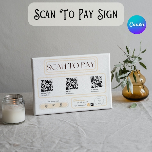 Retro Payment Sign Scan to Pay Template Sign Album Printable Editable Canva Template Horizontal Sign Scan To Paypal Venmo CashApp Sign