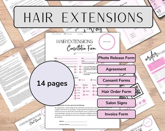 May include: A set of 14 printable forms for hair extensions businesses. The forms include a consultation form, photo release form, agreement, consent forms, hair order form, salon signs, and an invoice form. The forms are editable in Canva.