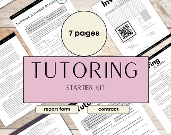 May include: A pink and white graphic with the text "TUTORING STARTER KIT" in black. The graphic includes images of a report form, contract, and invoice. The text "7 pages" is in a white circle on a yellow background.