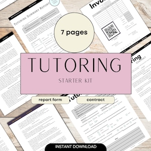 Może przedstawiać: Grafika w kolorze różowym i białym z tekstem "TUTORING STARTER KIT" w kolorze czarnym. Grafika zawiera obrazy formularza sprawozdania, umowy i faktury. Tekst "7 stron" znajduje się w białym kółku na żółtym tle.