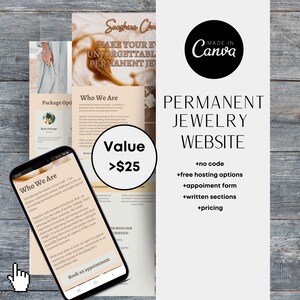 May include: A mockup of a website for a permanent jewelry business. The website features a value proposition of over $25, a description of the business, and a call to action to book an appointment. The website is designed in a modern style with a white background and black text.