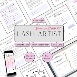 May include: A pink and white digital printable kit for lash artists. The kit includes a consent form, client record book, care card, and salon signs. The kit is available in both digital and printable formats. The text on the image reads "All-in-one Starter Kit Lash Artist".
