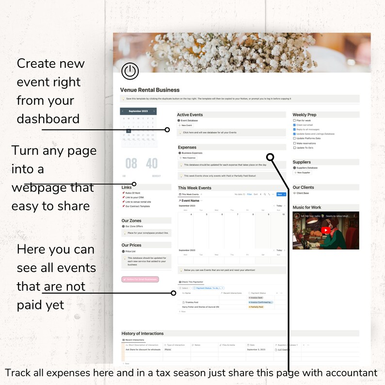 Venue Rental Notion Template Event Space Lease CRM Etsy