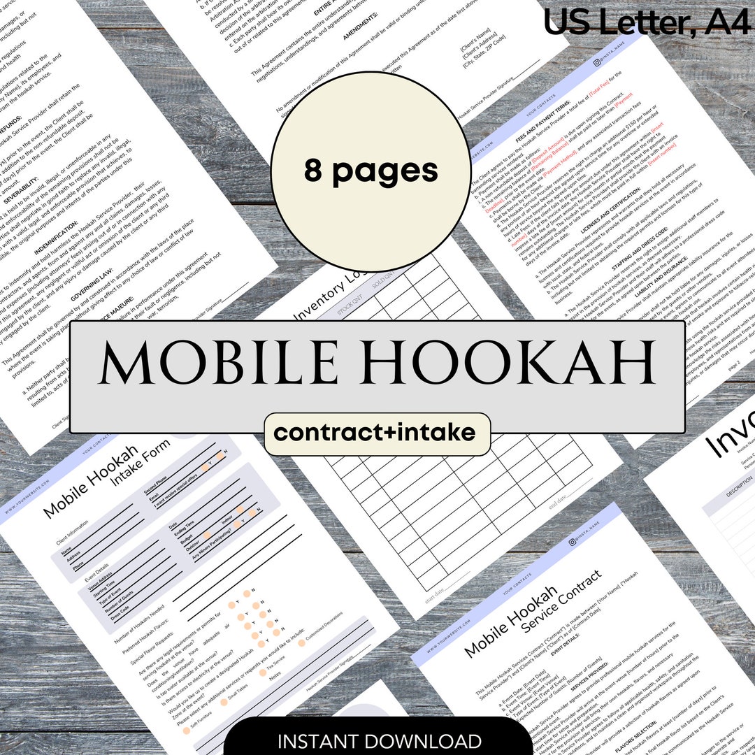Mobile Hookah Agreement Contract Hookah Event Service Editable Contract