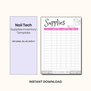 May include: Printable nail tech supplies inventory template with a pink and white color scheme. The template includes columns for item, quantity, units, cost per unit, and total cost. The template is available in US Letter, A4, A5, and 8x10 inch sizes.