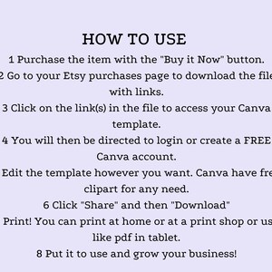 May include: A step-by-step guide on how to use a Canva template purchased on Etsy. The instructions include purchasing the item, downloading the file, clicking on the link to access the Canva template, editing the template, sharing and downloading the template, and printing the template.