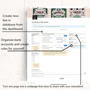 Op de afbeelding: Een screenshot van een webpagina die een Notion-werkruimte voor belastingbeheer toont. De pagina heeft de titel "Tax Mastery Hub Notion" en bevat secties voor "Belastingprofessional Contact", "Overzicht van belastingaftrek", "Uitgaven", "Inkomsten" en "Rekeningen".