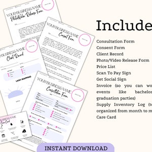 preview of lash extensions  technician bundle forms and documents
there are 4 pages 
consent form from lash client
consultation form client intake form for lashes
client record pages client record form with lashes mapping
care card for lashes