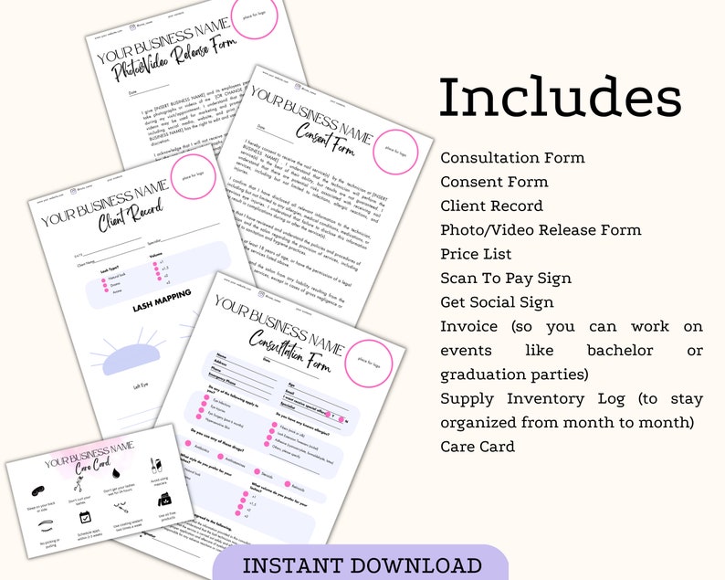 preview of lash extensions  technician bundle forms and documents
there are 4 pages 
consent form from lash client
consultation form client intake form for lashes
client record pages client record form with lashes mapping
care card for lashes