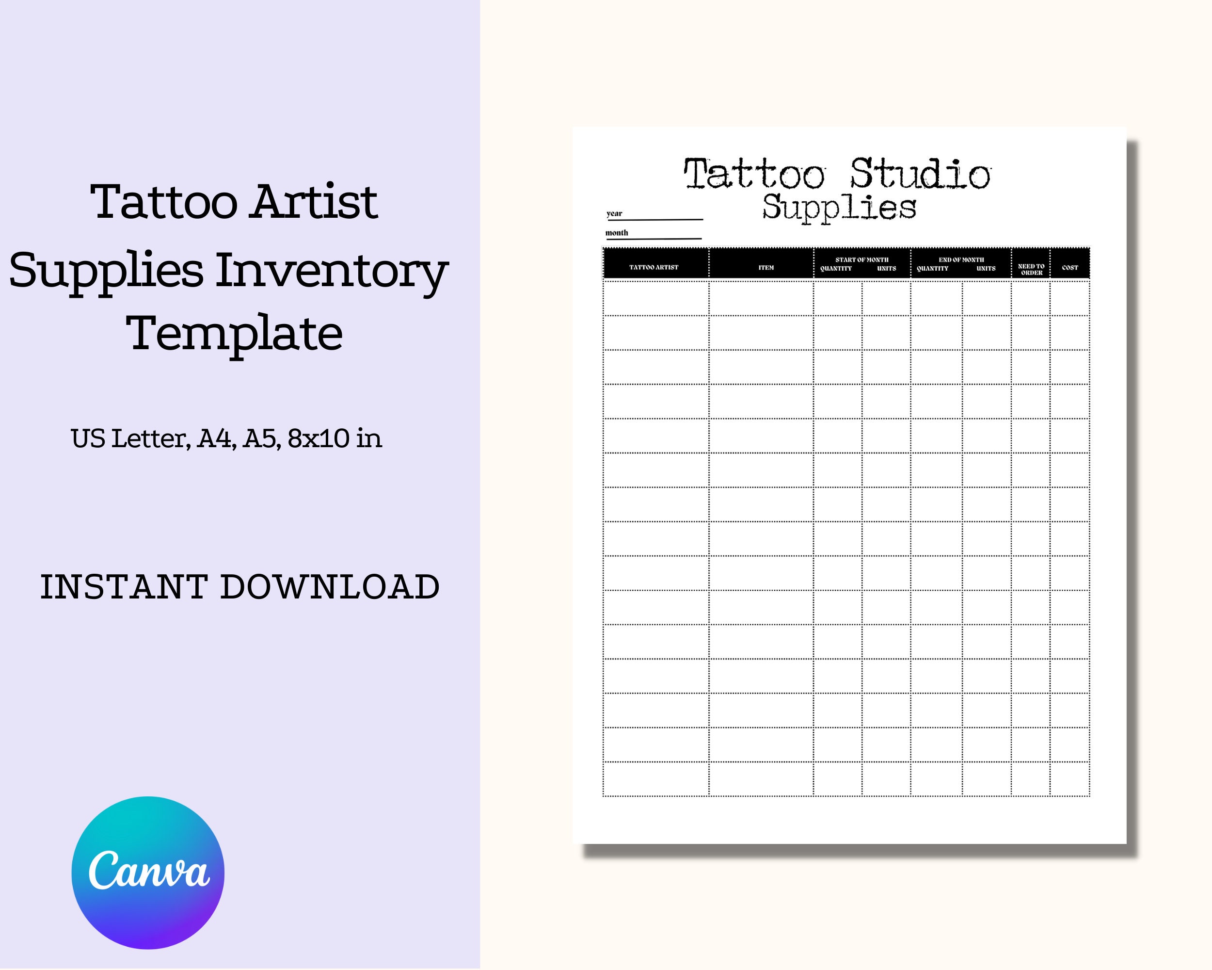 Tattoo Salon Printable Inventory Tracker Tattoo Shop Inventory Sheet