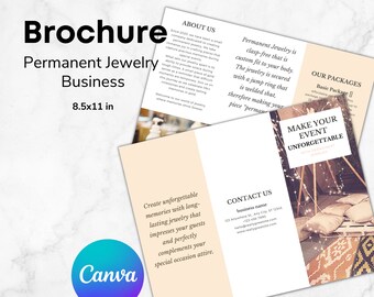 Puede incluir: Un folleto para un negocio de joyería permanente. El folleto presenta un fondo rosa claro con un borde blanco y texto que dice "Folleto", "Joyería Permanente", "8,5x11 pulgadas", "Acerca de nosotros", "La joyería permanente es sin cierre y se ajusta perfectamente a tu cuerpo. La joyería está asegurada con un anillo de salto que está soldado, por lo que tu pieza es 'permanente', "Nuestros paquetes", "Paquete básico", "Haz que tu evento sea inolvidable con joyería permanente", "Crea recuerdos inolvidables con joyería duradera que impresiona a tus invitados y complementa perfectamente tu atuendo para ocasiones especiales.", "Contáctanos", "Nombre de la empresa", "123 Anywhere St., Any City, ST 12345", "-123-456-7890", "hello@reallygreatsite.com", "www.reallygreatsite.com".