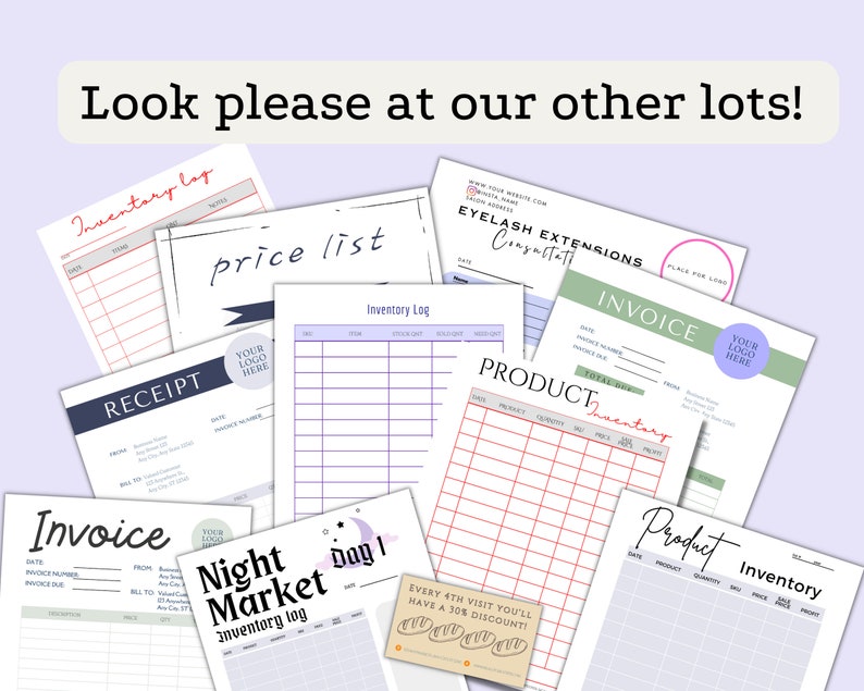 May include: A collection of printable inventory and invoice templates for small businesses. The templates feature a variety of designs, including a night market theme, a price list, and a product inventory log. The templates are designed to help businesses keep track of their inventory, sales, and expenses.