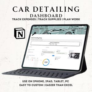 Puede incluir: Una captura de pantalla de un tablero de Notion para un negocio de detallado de automóviles. El tablero está en una computadora portátil con un teclado negro. El tablero tiene un título que dice "Indie Detailing Shop" e incluye secciones para "Trabajo de hoy", "Pedidos de esta semana", "Almacén", "Clientes" y "Proveedores". El tablero también incluye un gráfico que muestra la cantidad total de dinero ganado, que es de 490 €.