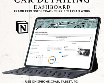 May include: A screenshot of a Notion dashboard for a car detailing business. The dashboard is on a laptop with a black keyboard. The dashboard has a title that says "Indie Detailing Shop" and includes sections for "Today's Work", "This Week's Orders", "Warehouse", "Clients", and "Suppliers". The dashboard also includes a chart showing the total amount of money earned, which is $490.