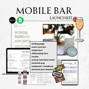 May include: A digital marketing kit for mobile bar businesses. The kit includes a landing page, event contract, intake form, offboarding form, invoice, pricing calculator sheet, cocktails png, employee's handbook, and pinterest pins template. The kit also includes a mobile bartender intake form and a graphic of a drink with the text "1 DRINK".