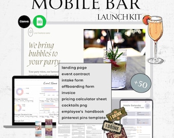 May include: A digital marketing kit for mobile bar businesses. The kit includes a landing page, event contract, intake form, offboarding form, invoice, pricing calculator sheet, cocktails png, employee's handbook, and pinterest pins template. The kit also includes a mobile bartender intake form and a graphic of a drink with the text "1 DRINK".