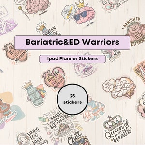 May include: A set of 25 colorful planner stickers featuring motivational phrases and illustrations related to bariatric surgery and eating disorder recovery. The stickers include phrases like "Hydration is my new superpower", "Queen of my Health", "Small Victories, Big Results", and "Thankful for this strong machine".