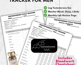 May include: Black and white printable tracker for monitoring testosterone levels. The tracker includes a section for medication details, injection frequency, dosage, and a weekly log for tracking testosterone injection, libido, sleep, mood, anxiety, energy, and workout. The tracker also includes a monthly lab review page and a bloodwork cheatsheet.