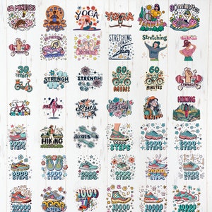 May include: A collection of colorful digital stickers featuring various fitness activities, including yoga, stretching, tennis, strength training, hiking, and cycling. The stickers feature illustrations of people exercising, along with text such as "60 minutes", "30 minutes", "Strength", "Hiking", and "6000 steps".