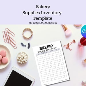May include: A printable bakery supply inventory template with the title "BAKERY Supply Inventory" in black text. The template has columns for item, quantity on hand, reorder point, unit cost, total cost, and notes.