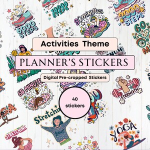 May include: A set of 40 digital planner stickers featuring colorful illustrations of activities like yoga, stretching, running, and weightlifting. The stickers are pre-cropped and ready to use in digital planners.