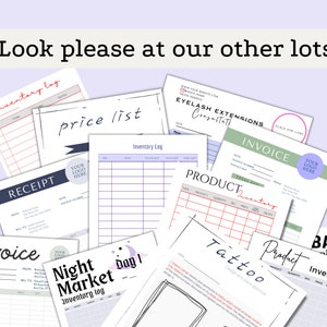 May include: A collection of printable business forms and templates for inventory, pricing, receipts, and invoices. The forms are designed for a variety of businesses, including bakeries, tattoo shops, and night markets.