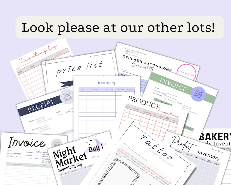 May include: A collection of printable business forms and templates for inventory, pricing, receipts, and invoices. The forms are designed for a variety of businesses, including bakeries, tattoo shops, and night markets.