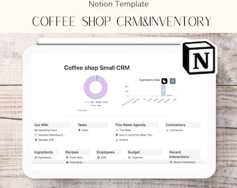 May include: A screenshot of a Notion template for a coffee shop CRM and inventory management system. The template includes sections for tasks, recipes, employees, budget, and recent interactions. The template also includes a chart showing the ingredients data for the coffee shop.