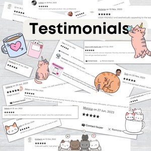 May include: A collage of customer testimonials for an Etsy shop, featuring positive reviews and ratings. The reviews are displayed on colorful backgrounds with cartoon cats and other illustrations. The text includes phrases like "User Friendly", "Excellent Customer Service", and "Just Amazing!"
