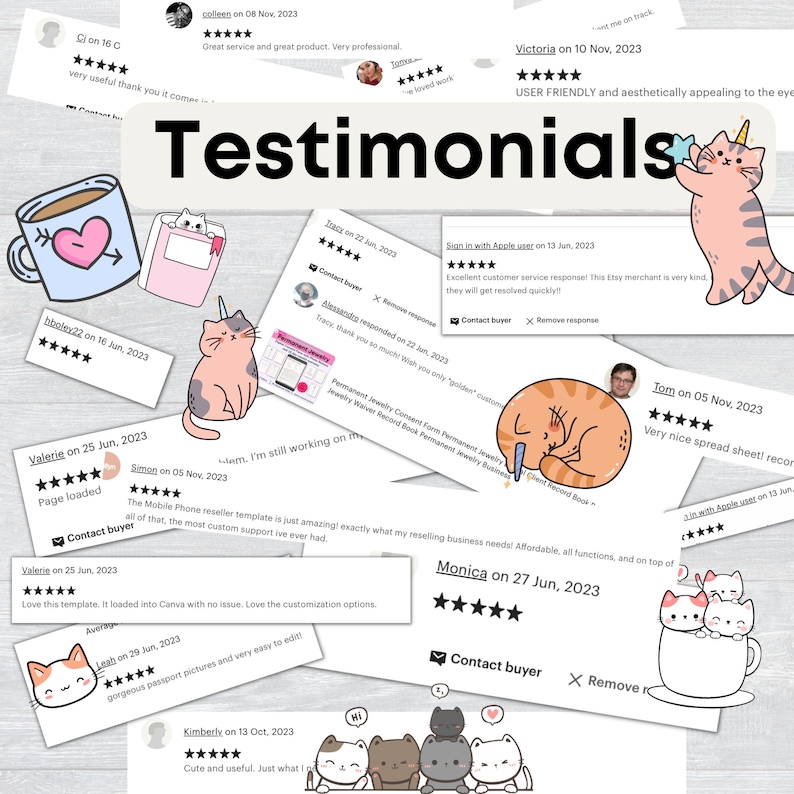 May include: A collage of customer testimonials for an Etsy shop, featuring positive reviews and ratings. The reviews are displayed on colorful backgrounds with cartoon cats and other illustrations. The text includes phrases like "User Friendly", "Excellent Customer Service", and "Just Amazing!"