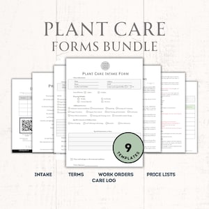 Peut inclure: Un ensemble de neuf formulaires de soins des plantes imprimables pour les entreprises. Les formulaires comprennent un formulaire d'admission, des conditions générales, des bons de travail, un journal de soins et des listes de prix. Les formulaires sont conçus pour aider les entreprises de soins des plantes à gérer leurs clients et leurs services.